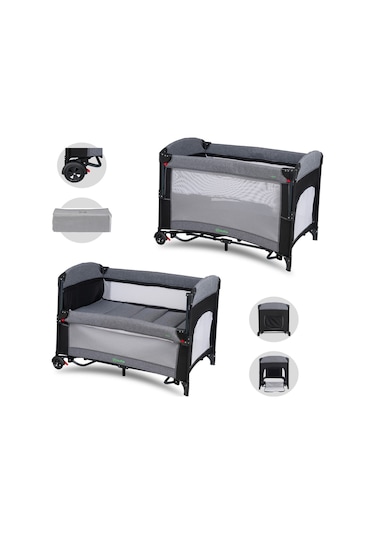 Mastic Anne Yanı Sallanır Cibinlikli Oyun Parkı Bebek Beşik 70x110 Cm Gri - Siyah