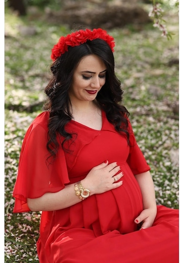 Modalabio Moda Labio- Babyshower Melek Kol Hamile Elbisesi Kırmızı