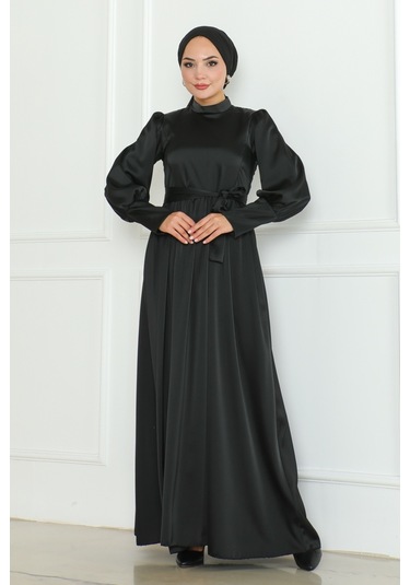 Kuşaklı Saten Abiye 1136 - Siyah