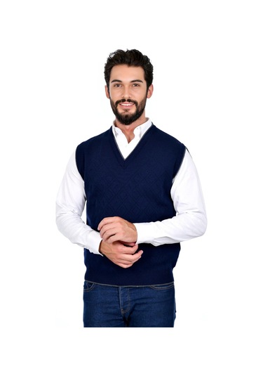 Kamalı Lacivert Erkek Çelik Örgü Intersiye Kışlık Kalın Triko V Yaka Triko Örgü Tüylenmez Süveter Lacivert