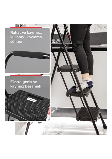 Perilla 51405 Stepla Geniş 5 Basamaklı Katlanır Merdiven Eurotower Siyah 5 Basamaklı