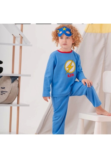 Heros Desenli Çanta Ve Maskeli % 100 Pamuk Erkek Çocuk Pijama Takımı Mavi