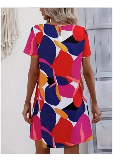 Kadın Yaz Baskılı Yuvarlak Yaka Kısa Kollu Günlük Elbiseler Mavi