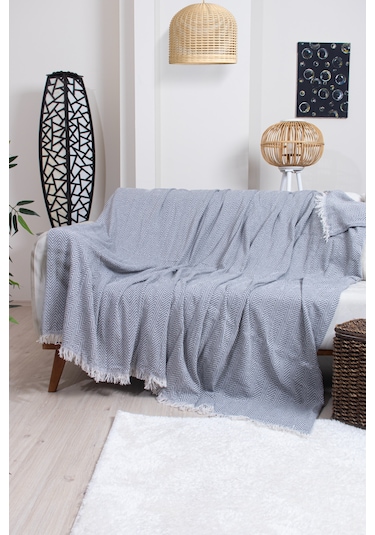 Pamuklu Zikzak Desenli Püsküllü Koltuk Örtüsü 170x210 Cm Dekoratif Ve Çok Amaçlı Koyu Gri