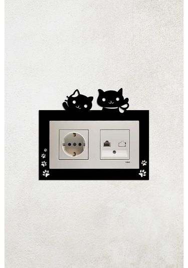 Sevimli Kedi Tasarım 2li Priz Çerçevesi İç Ölçü 15,5x8,4 Cm Ev Süsü - 2li Dekoratif Piriz Süsü Siyah