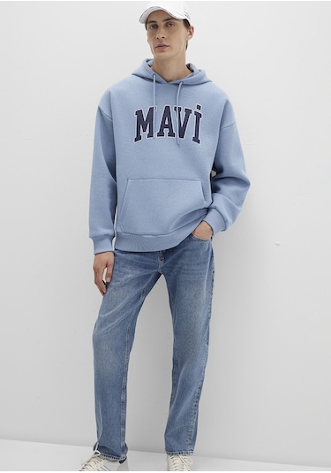Mavi - Mavi Logo Baskılı Mavi Kapüşonlu Sweatshirt 067149-86998 Mavi