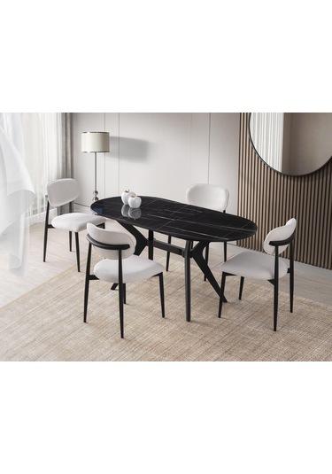 Star Polo Siyah Mermer Mutfak Masa Sandalye Takımı 82x138 Siyah