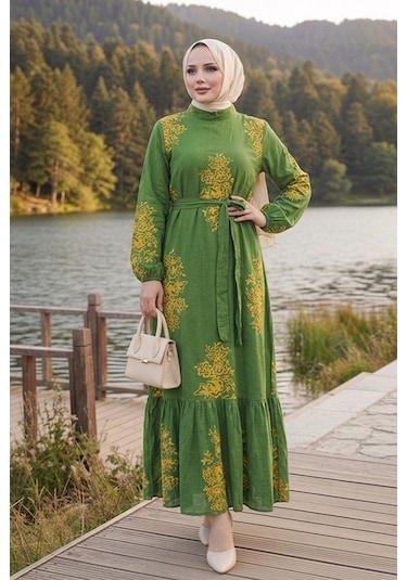 Bestenur Noyra Desenli Viskon Elbise 1722 - Haki