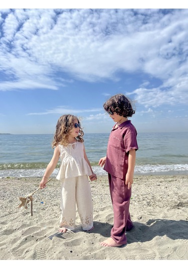 Cebi Nakışlı Gömlek Pantolon Keten Erkek Çocuk Takım Mürdüm Mürdüm