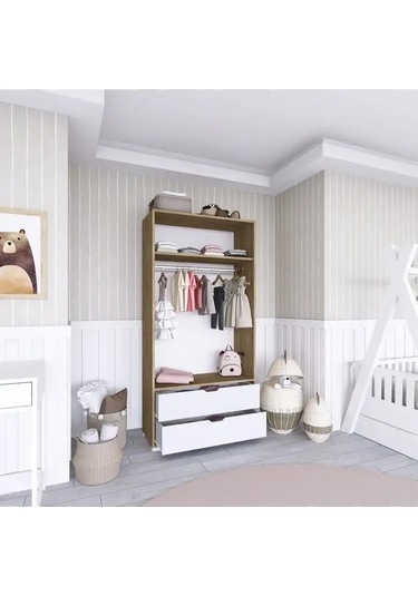 90 Cm Açık Ceviz-beyaz 2 Kapılı 2 Çekmeceli Elbise Dolabı - Gardırop Açık Ceviz & Beyaz