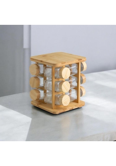 Mien Dayanıklı 12'li Bambu Kapaklı Ve Döner Standlı Kare Borosilikat Cam Baharatlık Seti 13 Parça Ahşap