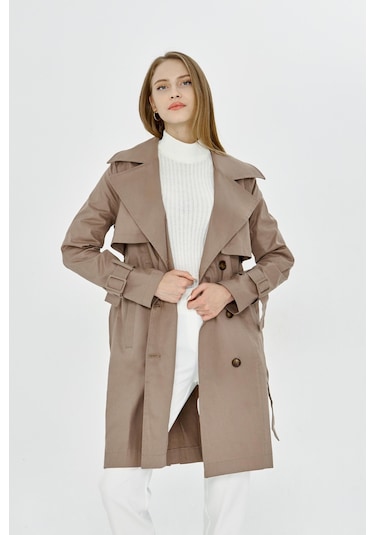 Pastelastore Esnek Pamuk Gabardin Midi 95cm Astarsız Kadın Trençkot 1118 Vizon