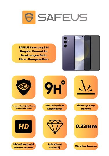 Safeus Tam Kaplayan Hayalet Parmak İzi Bırakmayan Safir Ekran Koruyucu Cam , Samsung S24 İle Uyumlu