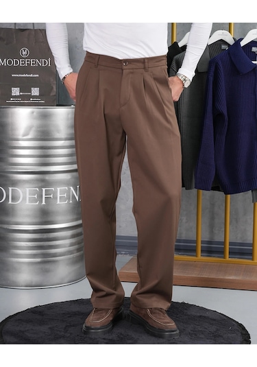 Modefendi Baggy Kesim Pile Detaylı Kumaş Pantolon Kahverengi