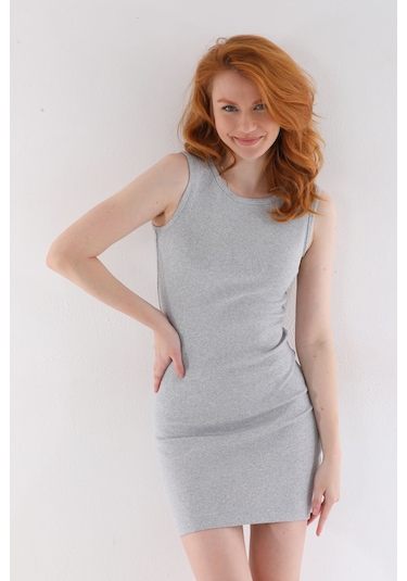 Kallima Gri Kolsuz Diz Üstü Mini Fitilli Esnek Örme Kalem Elbise Gri
