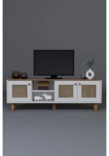 Bohem Serisi Garden Meşe - Beyaz Pvc Hasır Desen Tv Ünitesi Açık Ceviz & Beyaz