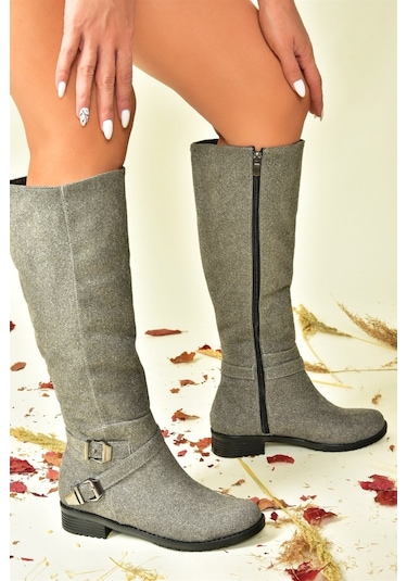 Fox Shoes Gri Süet Kısa Topuklu Kadın Çizme E726203402 Gri