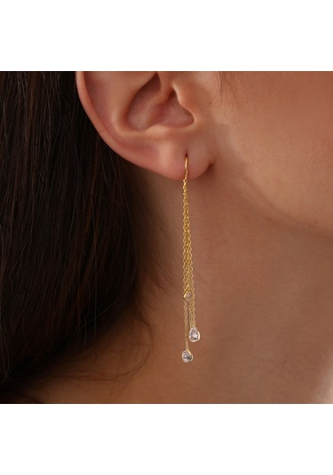 Queen Silver Jewelry 925 Ayar Gümüş 3 Boy Zirkon Taş Sallantılı Küpe Altın