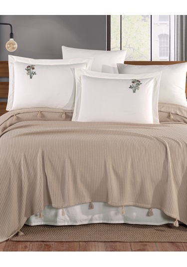 Newhome Çift Kiş. Saçaklı Elnakışlı %100pamuk Piketakımı-kapiçino Cappuccino