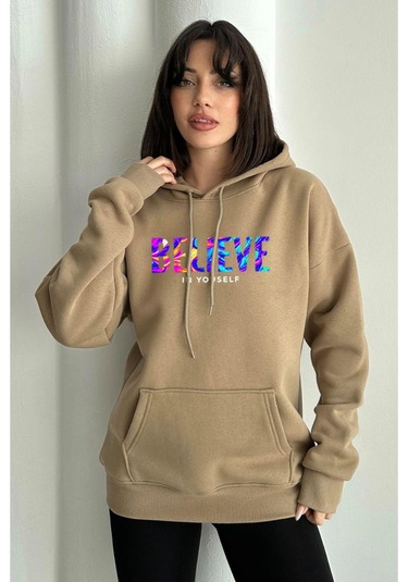 Kadın Vizon Renkli Believe Baskılı Oversize Kapüşonlu Sweatshirt M