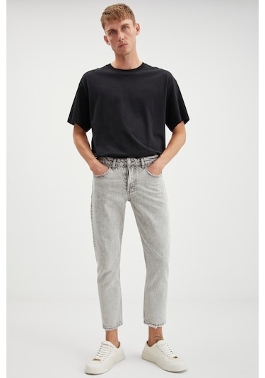 Gılberto  Erkek Carrot Fit Havuç Paça Eskitme Yıkamalı Kalın Dokulu Denim Açık Gri Jeans