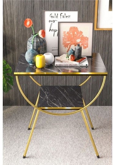 Yan Sehpa Komodin Metal Ayak Çift Gold Bendir 1976 Siyah Mermer Desen