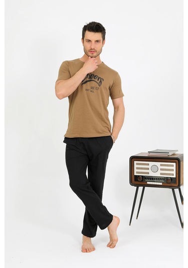 Akbeniz Erkek Pamuk Kısa Kol Pijama Takım Vizon 6875 Vizon
