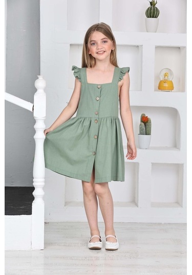 Kız Çocuk %100 Pamuk Keten Elbise 12197 Çağla Yeşili