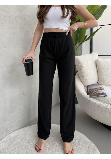 Kadın Siyah Yüksek Bel Fitilli Bol Paça Günlük İnce Eşofman Altı