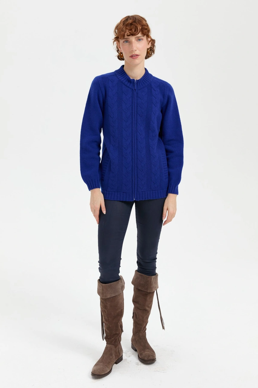 Kadın Dik Yaka Dikişsiz Önü Saç Örgülü Yün Hırka K.s.mavi K.s.mavi