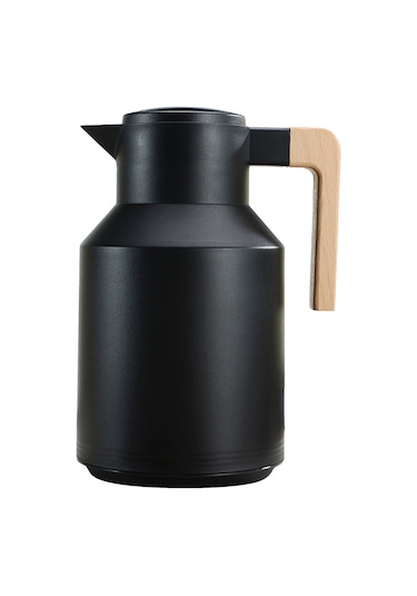 Monyee 1l Evcil Cam Fıçıklı Isı Saklama Potu - Çift Katlı Vakumlu, Isı/sıcaklık Koruyucu, Ahşap Saplı Kahve/su Potu Siyah Siyah