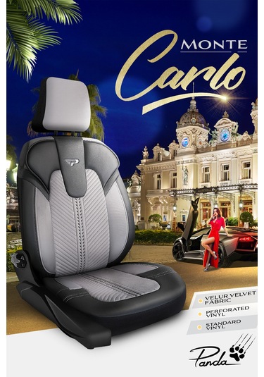 Gri - Siyah Panda Monte Carlo Serisi Velor Kadife Kumaş Oto Koltuk Kılıfı - Tam Set
