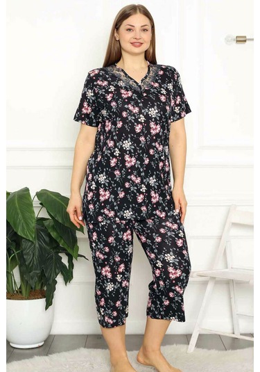 Alimer Kadın Siyah Büyük Beden Bermuda Viskon Pijama Takm 2708b-s Siyah