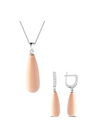 Gümüş Uzun Damla Model Kolye Küpe Pembe Inci Set