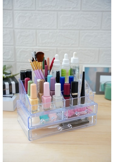 Vivart Şık Tasarım Büyük Boy 3 Çekmeceli Makyaj Ve Kozmetik Düzenleyici Organizer Set Şeffaf Beyaz