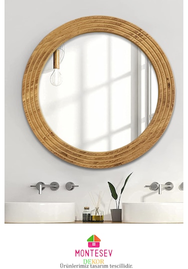 Antik Ahşap Dekoratif Ayna Yuvarlak Banyo Duvar Aynası 56 Cm Naturel