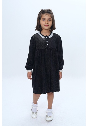 Toontoy Kız Çocuk Yaka Düğmeli Fırfırlı Elbise Siyah