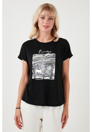 Lela Baskılı Bisiklet Yaka Regular Fit Bayan T Shirt 6671000 Siyah