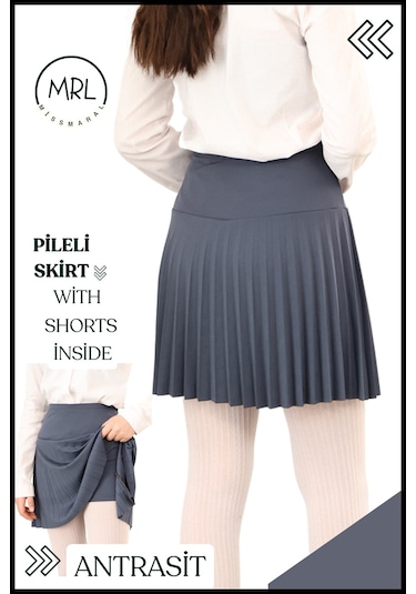 Kız Çocuk Pileli Etek Antrasit Yüksek Bel İçi Şortlu Likra Kumaş Okul-oyun-spor-etkinlik Eteği 4103 Antrasit / Gri