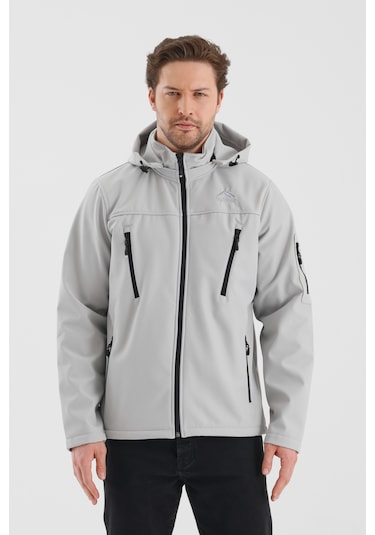 Çıkartılabilen Fermuarlı Kapüşon Cepli İçi Polarlı Su Geçirmez Softshell Erkek Mont Taş Taş