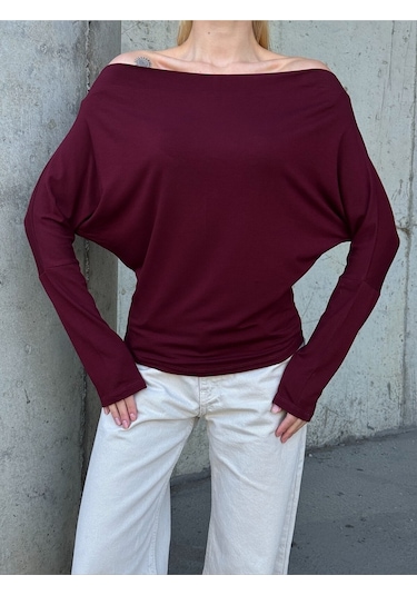 Kadın Kayık Yaka Full Esnek Asimetrik Kesim Comfort Spor Şık Tasarım Yumoş Bluz Bordo