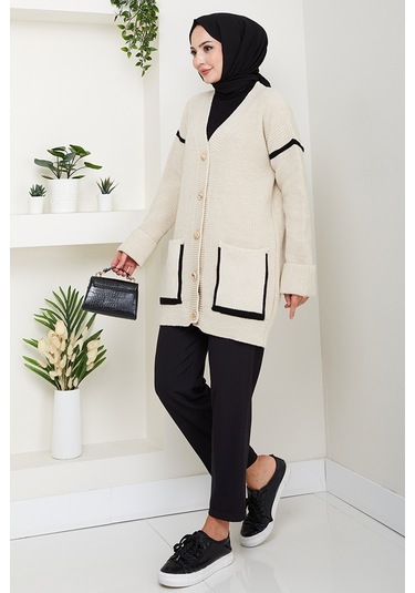 İlge Düğmeli Triko Hırka 1597 - Bej Bej