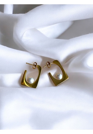 Çelik Gold Inci Detaylı Dikdörtgen Kadın Küpe Sevgiliye Hediye Gold