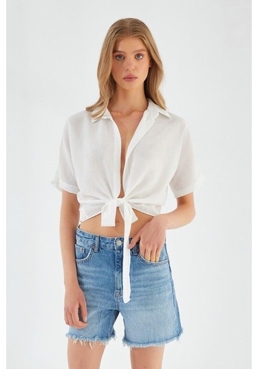 4230 Kadın Bağlamalı Yazlık Keten Gömlek Beyaz Beyaz