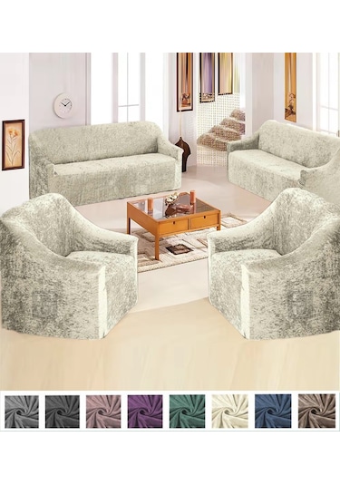 Upmall Kadife 3+3+1+1 Lastikli Kanepe Örtüsü Koltuk Örtüsü Krem