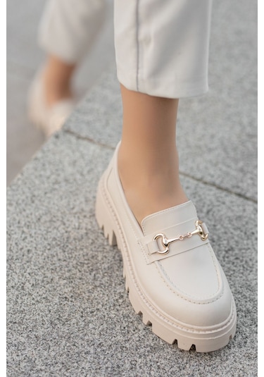 Garantili D124 Kadın Kalın Taban Zincirli Loafer Günlük Ayakkabı Bej