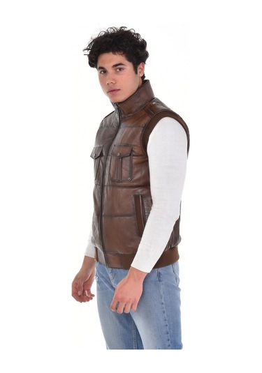 Hakiki Deri Manşetli Erkek Deri Yelek Kahverengi Kahverengi