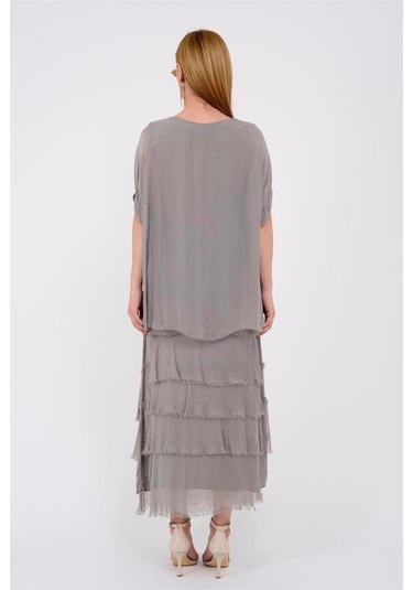 İtalyan 2 Beden İnce Gösteren Yarım Kol Kat Kat Ipek Elbise Vizon