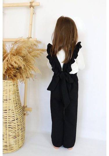 Kız Çocuk Berlin Siyah Pamuklu Fırfırlı Bağlama Detaylı Tulum Siyah