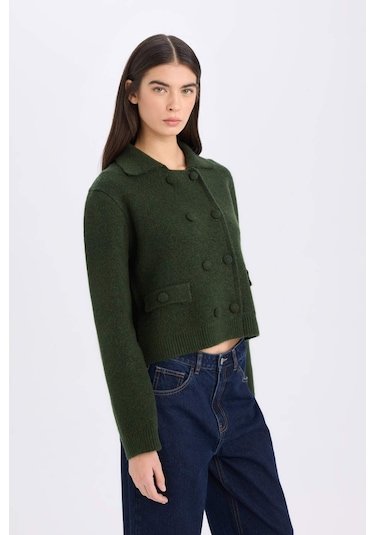 DeFacto Regular Fit Polo Yaka Basic Düz Düğmeli Triko Hırka E2289AX24WNKH470 Haki